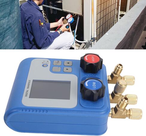 مقياس مشعب رقمي من Hilitand، أداة تشخيص شحن غاز التبريد HVAC AC بمنفذ مزدوج مع شاشة LED ملونة لـ 94 مبردًا بما في ذلك R32 R410A R134a in Kuwait