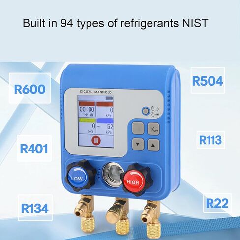 مقياس مشعب رقمي من Hilitand، أداة تشخيص شحن غاز التبريد HVAC AC بمنفذ مزدوج مع شاشة LED ملونة لـ 94 مبردًا بما في ذلك R32 R410A R134a in Kuwait