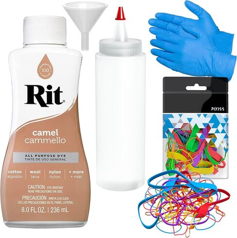 Rit Dye Liquid Camel All-Purpose Dye (8oz) - Pixiss Tie Dye Kit and Accessories Set Bundle with Rubber Bands, Gloves, Funnel and Squeeze Bottle - Tie Dye Party Supplies in Kuwait