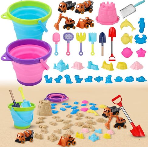 Beach Toys, 36 Pcs Sand Toys with 4 Construction Vehicles, 2 Collapsible Beach Bucket,1 Castle Buckets, Sand Castle Building Kit, Sand Molds, Shovel Set for Kids Boys Girls Age 3+ in Kuwait