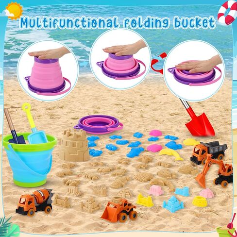 Beach Toys, 36 Pcs Sand Toys with 4 Construction Vehicles, 2 Collapsible Beach Bucket,1 Castle Buckets, Sand Castle Building Kit, Sand Molds, Shovel Set for Kids Boys Girls Age 3+ in Kuwait