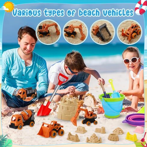 Beach Toys, 36 Pcs Sand Toys with 4 Construction Vehicles, 2 Collapsible Beach Bucket,1 Castle Buckets, Sand Castle Building Kit, Sand Molds, Shovel Set for Kids Boys Girls Age 3+ in Kuwait