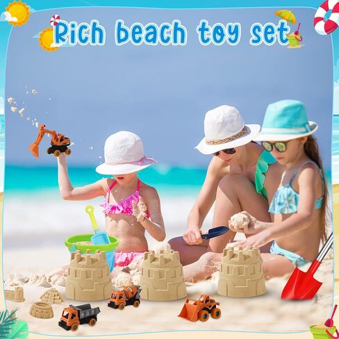 Beach Toys, 36 Pcs Sand Toys with 4 Construction Vehicles, 2 Collapsible Beach Bucket,1 Castle Buckets, Sand Castle Building Kit, Sand Molds, Shovel Set for Kids Boys Girls Age 3+ in Kuwait
