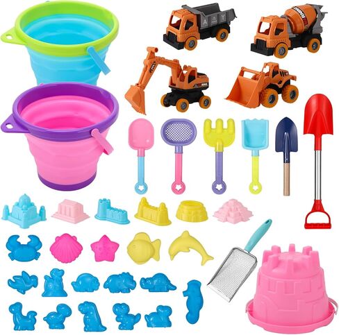 Beach Toys, 36 Pcs Sand Toys with 4 Construction Vehicles, 2 Collapsible Beach Bucket,1 Castle Buckets, Sand Castle Building Kit, Sand Molds, Shovel Set for Kids Boys Girls Age 3+ in Kuwait