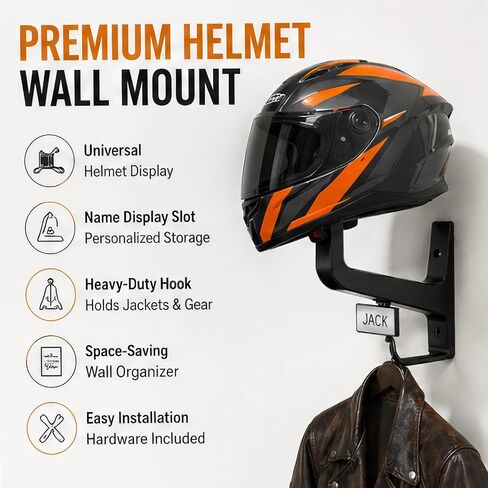 Motorcycle Helmet Wall Mount with Coat Hook & DIY Name Area,Heavy Duty Firefighter Helmet Hanger Wall Mount for Garage Storage,Motorbike,Garage,Fire Station&Firefighter Gear,Universal Helmet Holder in Kuwait