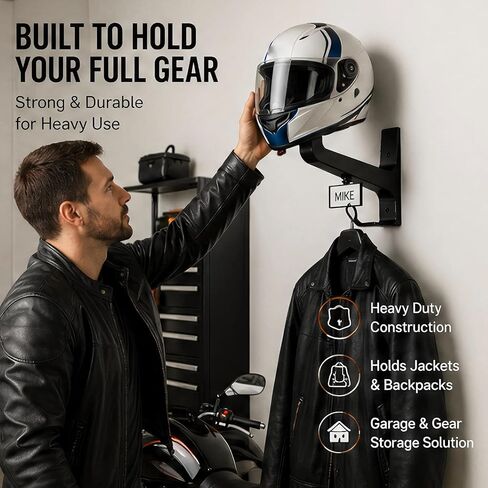 Motorcycle Helmet Wall Mount with Coat Hook & DIY Name Area,Heavy Duty Firefighter Helmet Hanger Wall Mount for Garage Storage,Motorbike,Garage,Fire Station&Firefighter Gear,Universal Helmet Holder in Kuwait