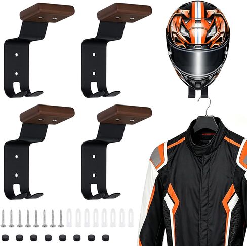 4PCS Helmet Wall Mount Motorcycle Helmet Holder Helmet Rack Wall Mount with Double Hook Beech Wood & Metal Helmet Hanger for Football Helmet Hats Coats Sportswear in Kuwait