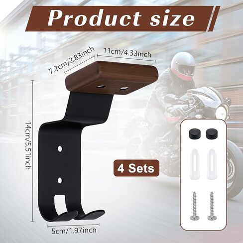 4PCS Helmet Wall Mount Motorcycle Helmet Holder Helmet Rack Wall Mount with Double Hook Beech Wood & Metal Helmet Hanger for Football Helmet Hats Coats Sportswear in Kuwait