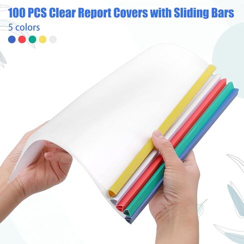 100 Pcs Report Covers with Sliding Bar - 5 Color Plastic Document Binders Clear Report Covers for A4 Paper Presentation Folder School Office Organization 8.7 x 12.2 Inch in Kuwait