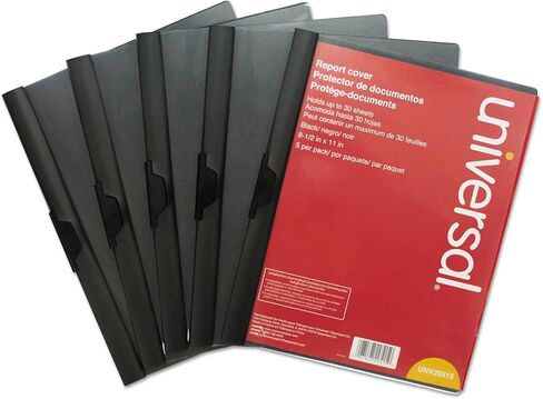 Universal 20515 Plastic Report Cover w/Clip, Letter, Holds 30 Pages, Clear/Black, 5/PK in Kuwait