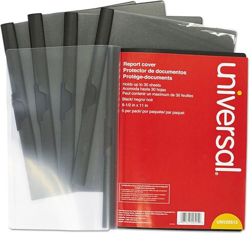 Universal 20515 Plastic Report Cover w/Clip, Letter, Holds 30 Pages, Clear/Black, 5/PK in Kuwait