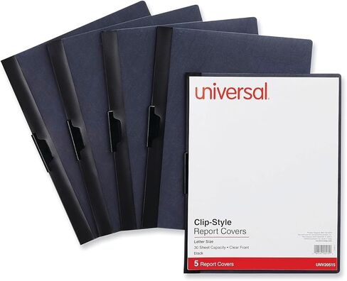 Universal 20515 Plastic Report Cover w/Clip, Letter, Holds 30 Pages, Clear/Black, 5/PK in Kuwait