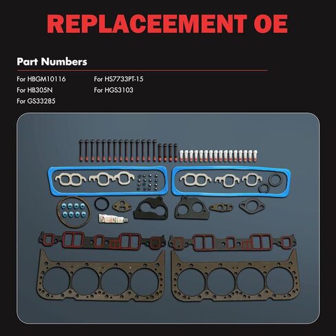 Engine Head Gasket Set Bolts Kit Compatible with 1988-1995 for Chevrolet C1500 5.7L;1988-1995 for Chevrolet K1500 5.7L;1992-1995 for Chevrolet K1500 Suburban 5.7L, OE# HS7733PT-15 ES72856 in Kuwait