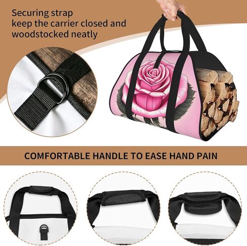 Beautiful Pink Roses Firewood Carrier Bag-Heavy Duty Canvas Log Tote, Waterproof Wood Hauler With Padded Handles in Kuwait