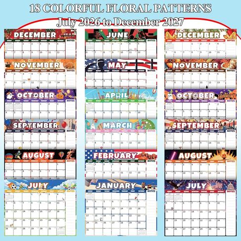 Wall Calendar 2026-2027 (July 2026 - December 2027) - 18 Month Large Hanging Calendar 14.57 x 11.42 Inches, Monthly Planner with Ruled Blocks, Thick Paper, Holidays, To-Do List & Notes for Home, Office, Classroom in Kuwait