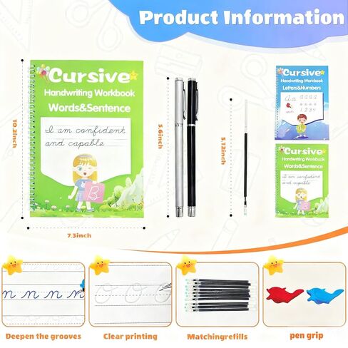 2 Pack Grooved Cursive Handwriting Workbook for Kids and Adults, Reusable Cursive Workbook Set with Pens & Refills, Learn to Write Cursive Script, Perfect for Kids Ages 8-12, Teens & Adult Beginners in Kuwait