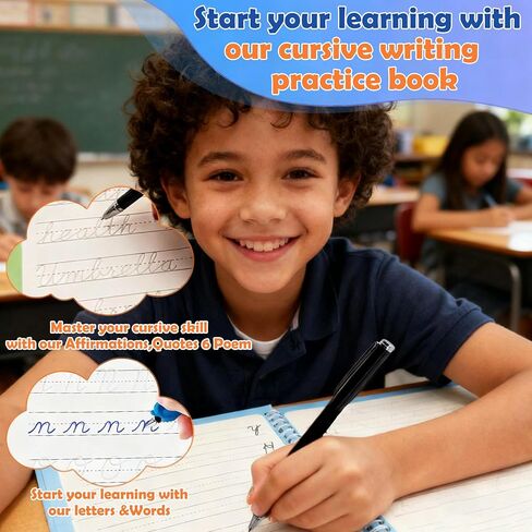 2 Pack Grooved Cursive Handwriting Workbook for Kids and Adults, Reusable Cursive Workbook Set with Pens & Refills, Learn to Write Cursive Script, Perfect for Kids Ages 8-12, Teens & Adult Beginners in Kuwait