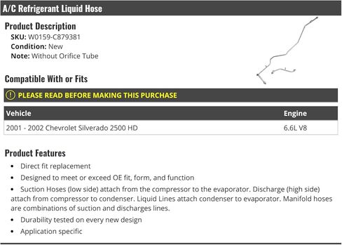 خرطوم سائل مكيف الهواء من Marketplace Auto Parts - متوافق مع 2001-2002 Chevy Silverado 2500 HD 6.6L V8 ديزل (بدون أنبوب الفوهة) in Kuwait