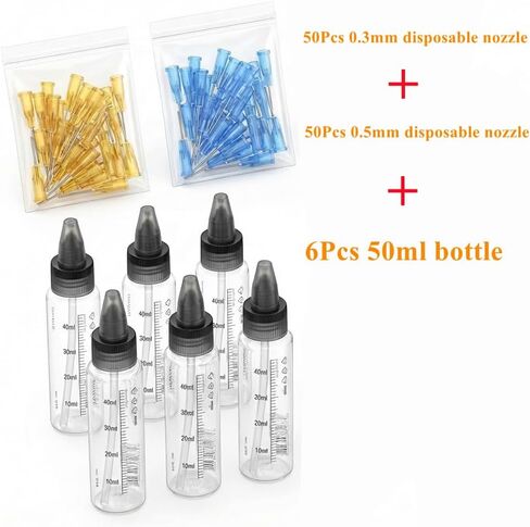 No-Clean Airbrush Accessories Kit - 6-Piece Paint Bottles & 100 Disposable Nozzles (0.3/0.5mm 50 Each) | Compatible with J15 No-Clean Airbrush Kit with Disposable Nozzle in Kuwait
