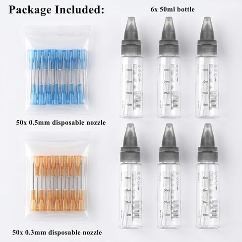 No-Clean Airbrush Accessories Kit - 6-Piece Paint Bottles & 100 Disposable Nozzles (0.3/0.5mm 50 Each) | Compatible with J15 No-Clean Airbrush Kit with Disposable Nozzle in Kuwait