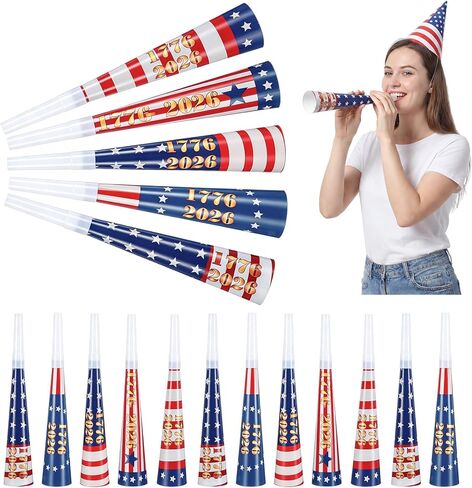 Eaasty 25 Pack 8 Inch 250th Anniversary Horn 4th of July Patriotic Party Favors 1776-2026 USA Noise Makers Red White and Blue Independence Day Horn for 4th of July Patriotic Parades Event Party Supply in Kuwait