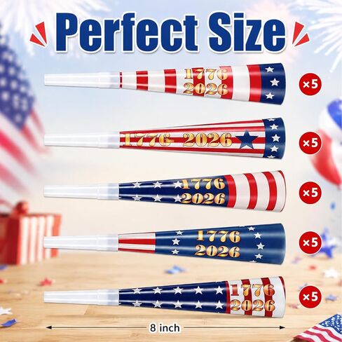 Eaasty 25 Pack 8 Inch 250th Anniversary Horn 4th of July Patriotic Party Favors 1776-2026 USA Noise Makers Red White and Blue Independence Day Horn for 4th of July Patriotic Parades Event Party Supply in Kuwait