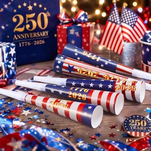 Eaasty 25 Pack 8 Inch 250th Anniversary Horn 4th of July Patriotic Party Favors 1776-2026 USA Noise Makers Red White and Blue Independence Day Horn for 4th of July Patriotic Parades Event Party Supply in Kuwait