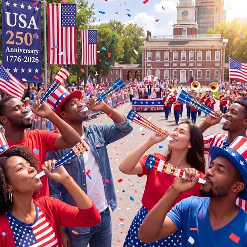 Eaasty 25 Pack 8 Inch 250th Anniversary Horn 4th of July Patriotic Party Favors 1776-2026 USA Noise Makers Red White and Blue Independence Day Horn for 4th of July Patriotic Parades Event Party Supply in Kuwait