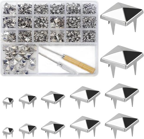 CllyCnny Pyramid Studs for Leather & Clothing - 1222 PCS Silver 4 Prong Metal Studs Kit Assorted Sizes, Square Rivets for DIY Crafts Jackets Belts Shoes Bags Punk Studs Kit with Tools in Kuwait