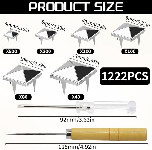 CllyCnny Pyramid Studs for Leather & Clothing - 1222 PCS Silver 4 Prong Metal Studs Kit Assorted Sizes, Square Rivets for DIY Crafts Jackets Belts Shoes Bags Punk Studs Kit with Tools in Kuwait
