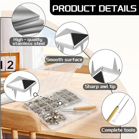 CllyCnny Pyramid Studs for Leather & Clothing - 1222 PCS Silver 4 Prong Metal Studs Kit Assorted Sizes, Square Rivets for DIY Crafts Jackets Belts Shoes Bags Punk Studs Kit with Tools in Kuwait
