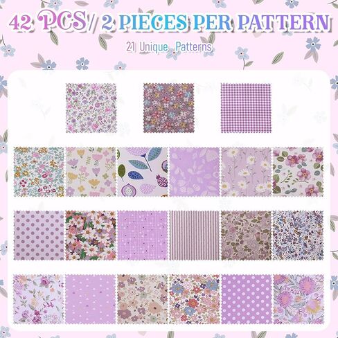 42Pcs Purple Charm Packs for Quilting, 5x5 Inch Floral Cotton Purple Fabric Squares Vintage Flower Charm Pack Fabric Quilting Fabrics for Sewing Patchwork Crafts Home Decor in Kuwait