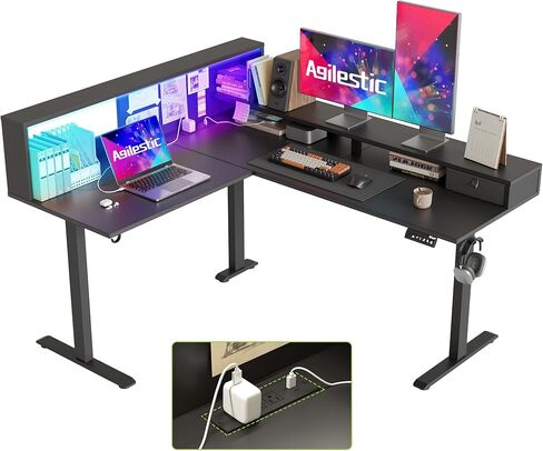 Agilestic L-Shaped Electric Standing Desk, 63x55 Inch Ergonomic Adjustable Height Desk with Storage, Stand Up Corner Desk Sit Stand Computer Table Power Outlet & LED Lights, Office Table, Rustic Brown in Saudi Arabia