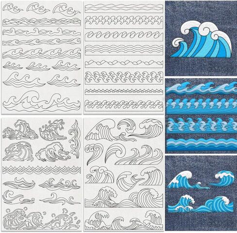 43Pcs Sea Wave Water Soluble Hand Sewing Stabilizers, 8.3"x11.7" Ocean Wave Embroidery Pattern Stabilizer, 4 Sheets Summer Stick and Stitch Embroidery Paper Sticker in Kuwait