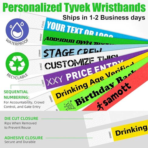 Bulk Custom Wristbands for Events 50-50000 PCS, Personalized Bulk Tyvek Wrist Band with Business Text and Logo, Customizable Printed Arm Bands, Customized Paper ID Bracelets for Party VIP in Kuwait