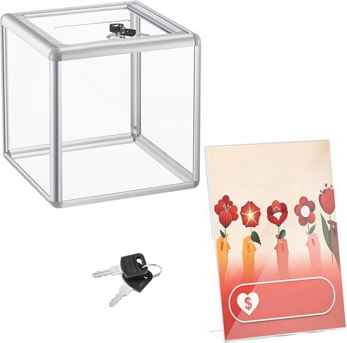 Lineshading 10x10x10 in Acrylic Donation Raffle Box with Slot & Lock & Display Sign Stand Holder, Large Clear Ballot Offering Suggestion Ticket Holder for Fundraising Drawing Container Tip Jar Voting in Kuwait