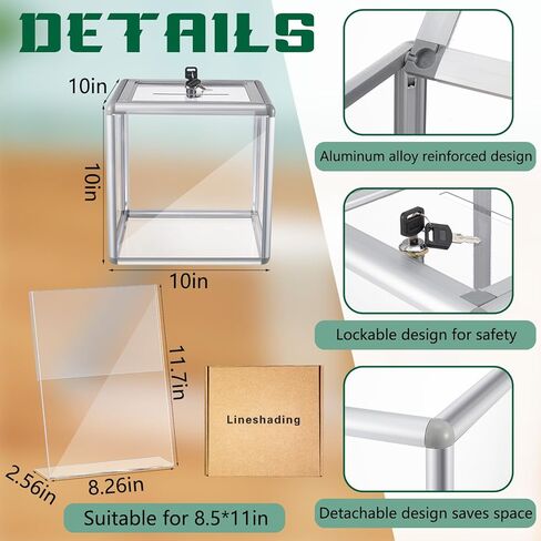 Lineshading 10x10x10 in Acrylic Donation Raffle Box with Slot & Lock & Display Sign Stand Holder, Large Clear Ballot Offering Suggestion Ticket Holder for Fundraising Drawing Container Tip Jar Voting in Kuwait