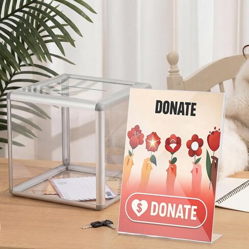 Lineshading 10x10x10 in Acrylic Donation Raffle Box with Slot & Lock & Display Sign Stand Holder, Large Clear Ballot Offering Suggestion Ticket Holder for Fundraising Drawing Container Tip Jar Voting in Kuwait