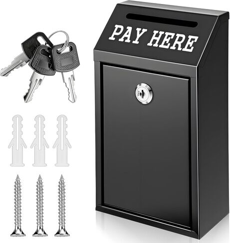 Money Drop Box, 10.2 X 5.7 X 2.8 Inch Black Metal Donation Box with Lock and Slot Wall Mount Pre Drilled Safe Suggestion Boxes Safe Cash Boxes for Farmstand Sales Home Office and Business in Kuwait