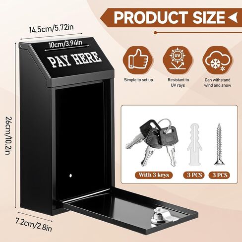 Money Drop Box, 10.2 X 5.7 X 2.8 Inch Black Metal Donation Box with Lock and Slot Wall Mount Pre Drilled Safe Suggestion Boxes Safe Cash Boxes for Farmstand Sales Home Office and Business in Kuwait