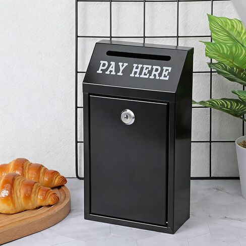 Money Drop Box, 10.2 X 5.7 X 2.8 Inch Black Metal Donation Box with Lock and Slot Wall Mount Pre Drilled Safe Suggestion Boxes Safe Cash Boxes for Farmstand Sales Home Office and Business in Kuwait
