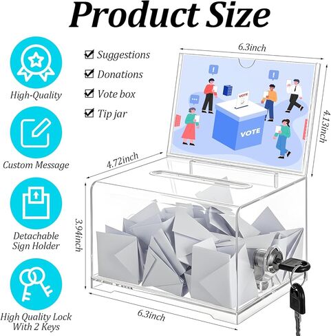 3 Pcs Clear Acrylic Donation Box with Lock, Ballot Suggestion Box with Sign Holder for Fundraising Voting Raffle, Tip Jar, 6.3x4.72x4 Inch in Kuwait