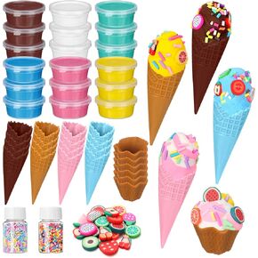 Shappy 51 Pcs Air Dry Clay Kit Ice Cream DIY Craft Kit 24 Cones 24 Air Dry Clay Packs 3 Decorative Sets Sweet Magic Modeling Crafts for Summer DIY Party Gift Indoor Outdoor Holiday Decoration in Kuwait