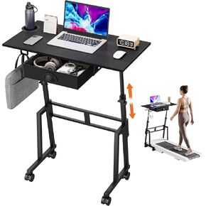 Adjustable Height Standing Desk with Drawer, Rolling Sit to Stand Up Desk with Wheels Height 32.85"-45" Small Mobile Laptop Standing Desk for Treadmill Walking Pad, Movable Classroom Podium (Black) in Saudi Arabia