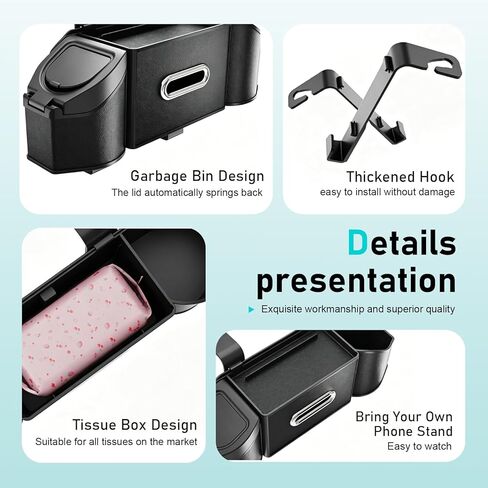 7-In-1 Car Organizer, Multifunctional Car Seat Back Organizer Box with Cup Holders, Tissue Box, Trash Can & Hooks, for Hold Phone, Snacks, Drinks, Handbag (Black) in Kuwait
