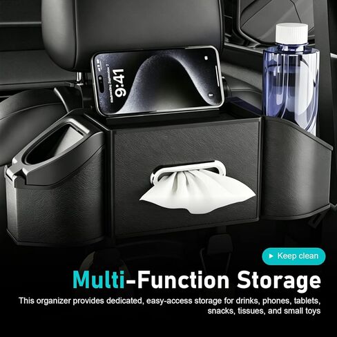 7-In-1 Car Organizer, Multifunctional Car Seat Back Organizer Box with Cup Holders, Tissue Box, Trash Can & Hooks, for Hold Phone, Snacks, Drinks, Handbag (Black) in Kuwait