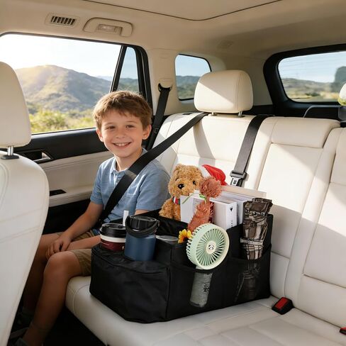 Car Seat Organizer Multi Pocket Backseat Organizer with Cup Holders, Collapsible Vehicle Storage Bag Secured to Front and Rear Seats via Seatbelt in Kuwait