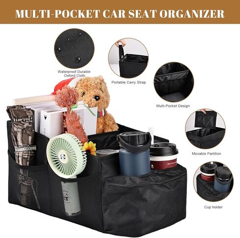 Car Seat Organizer Multi Pocket Backseat Organizer with Cup Holders, Collapsible Vehicle Storage Bag Secured to Front and Rear Seats via Seatbelt in Kuwait