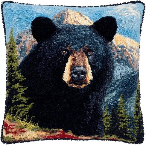Latch Hook Pillow Kit Black Bear Portrait with Mountain with Pre-Printed Pillow Cover DIY Pillowcase Crochet Yarn Hooking Craft Set for Hobby and Home Decor 43x43cm-6 in Kuwait