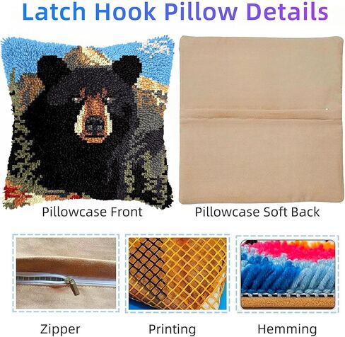 Latch Hook Pillow Kit Black Bear Portrait with Mountain with Pre-Printed Pillow Cover DIY Pillowcase Crochet Yarn Hooking Craft Set for Hobby and Home Decor 43x43cm-6 in Kuwait